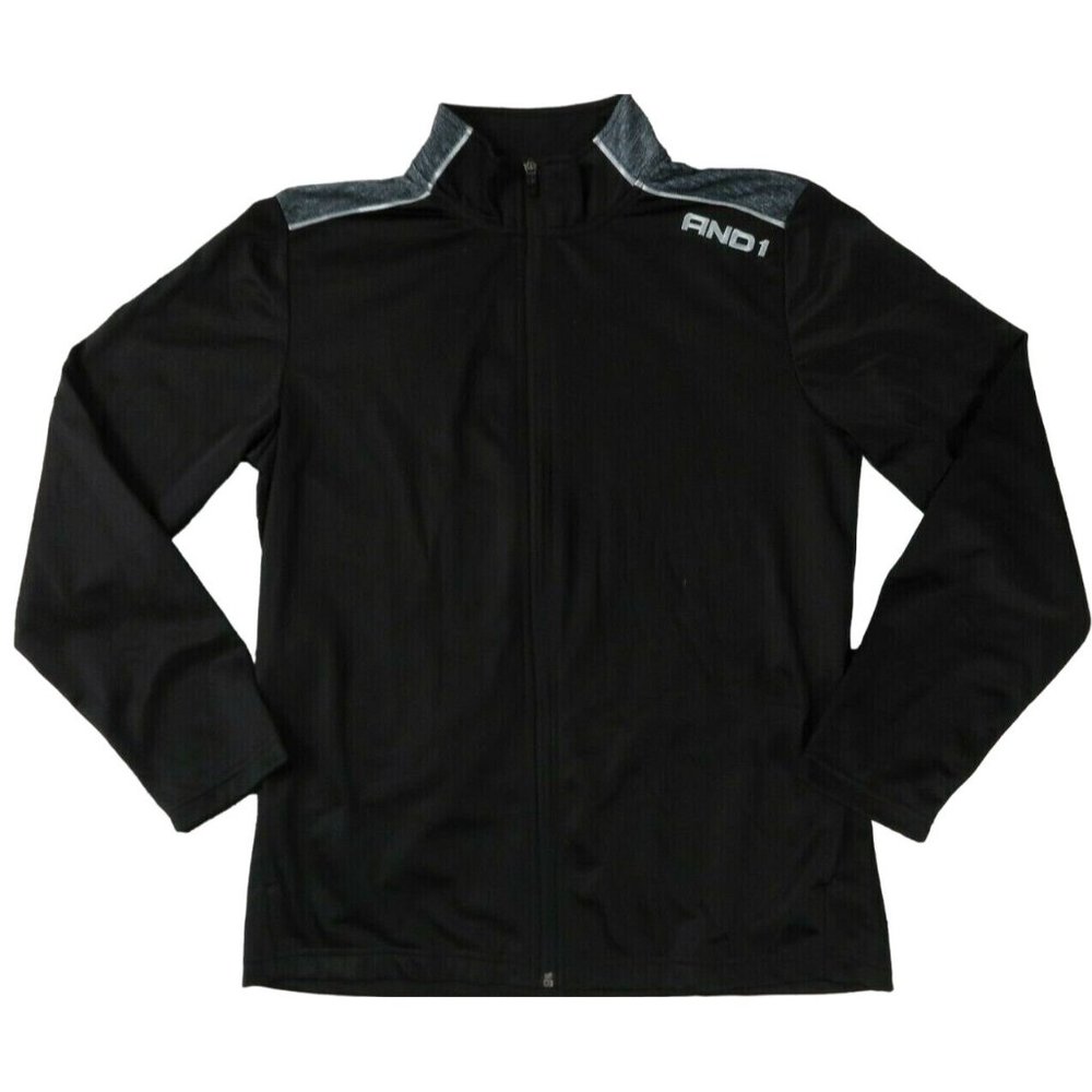 AND1 Shirt Women's Full Zip 100% Polyester Sweatshirt Silver Piping Black Med.